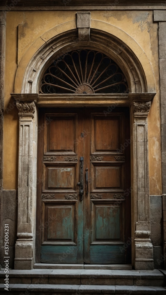 Gracefully weathered arched doorway beckoning with character and charm in a historic building surrounded by architecture Gracefully weathered arched doorway beckoning with character and charm in a historic building surrounded by architecture
