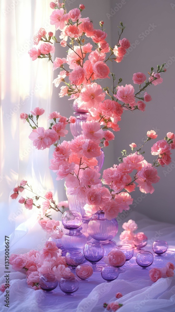 Fototapeta premium Pink blossoms in purple glass vase, sunlit scene.