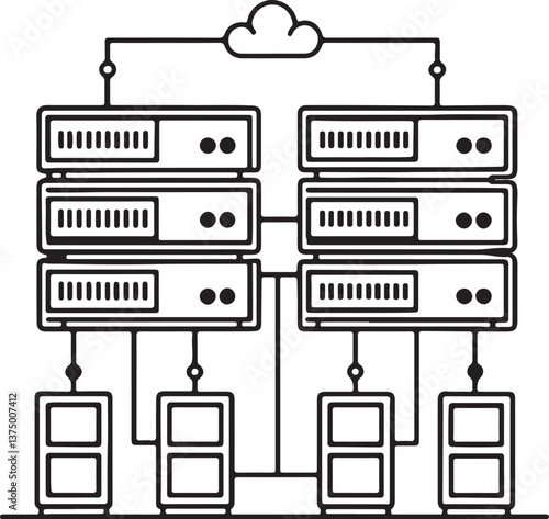 A big data center vector icon. Offline date base icon in flat filled and outline stroke line art.