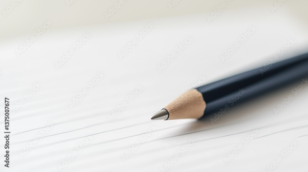 Close-up of a pencil resting on a piece of paper. the pencil is black and has a pointed tip. the paper appears to be lined with white paper, and the background is blurred. Close-up of a pencil resting on a piece of paper. the pencil is black and has a pointed tip. the paper appears to be lined with white paper, and the background is blurred.
