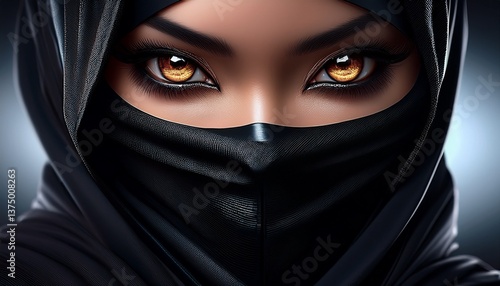 A Japanese ninja assassins wearing all black clothing; a close up view of the eyes of a ninja with the face is wrapped in black cloth; shadow warriors; ninja warrior; 