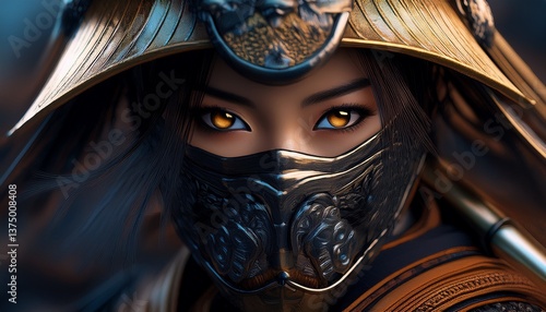 A Japanese samurai wearing full armor; a close up view of the eyes of a samurai warrior;