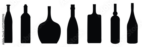 Bottle Silhouette Collection. Wine, Beer, Liquor Bottle Vector Set .Vector Illustration . 