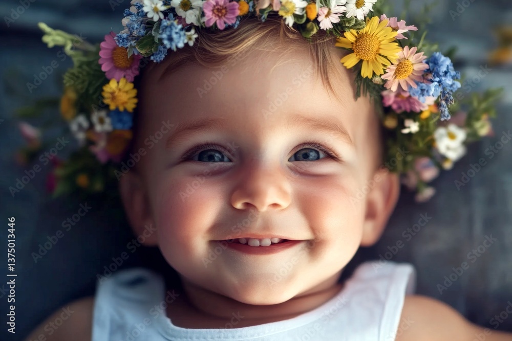 Happy holiday season holidays artwork idea. Happy caucasian infant boy with blond hair wearing multi-colored flower crown on his head. Sunny daylight. Carefree boy with flower accessories. Happy holiday season holidays artwork idea. Happy caucasian infant boy with blond hair wearing multi-colored flower crown on his head. Sunny daylight. Carefree boy with flower accessories.