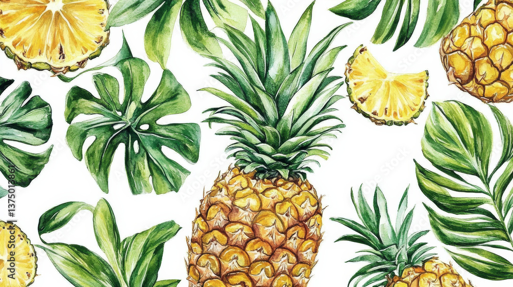 Fototapeta premium Fresh pineapple and tropical leaves pattern