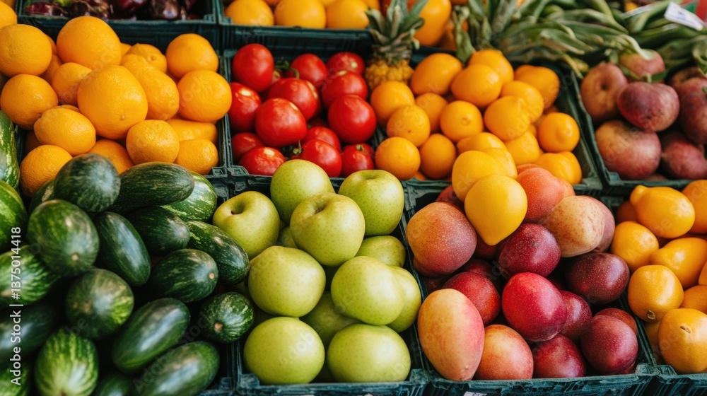 A colorful array of fresh fruits and vegetables displayed together in a bountiful and vibrant market scene A colorful array of fresh fruits and vegetables displayed together in a bountiful and vibrant market scene