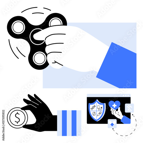Hand engaging with fidget spinner, holding money coin, and interacting with health symbol shield on screen. Ideal for multitasking, focus, finance, healthcare, mental health, productivity stress