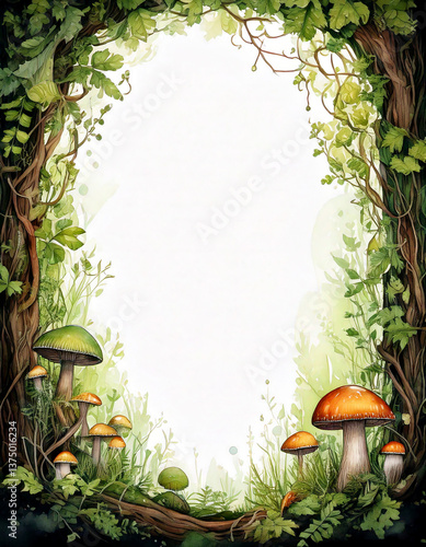 An enchanting watercolor forest frame with delicate vines, soft green leaves, and tiny glowing mushrooms, creating a mystical fairy tale border
