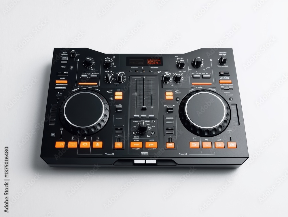 Fototapeta premium Portable dj controller with jog wheels and sliders for dynamic music mixing studio product showcase minimalistic technology