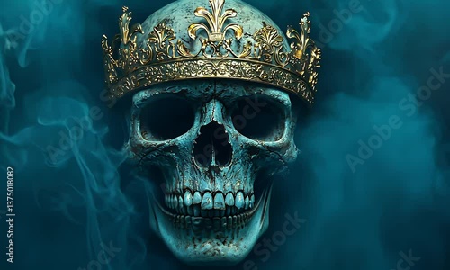 Skull with golden crown amidst blue smoke. Decorative details etched in metal. Haunting beauty