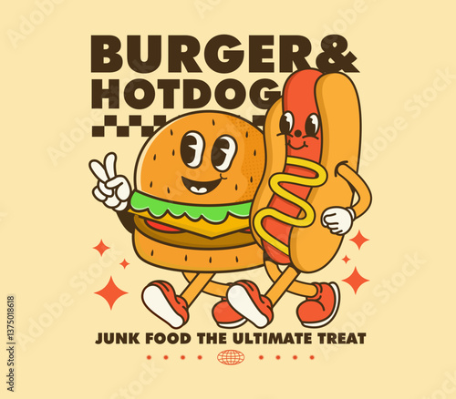 retro cartoon character burger and hotdog street food. ideal for graphic tees, t shirts, posters, stickers. vector illustration