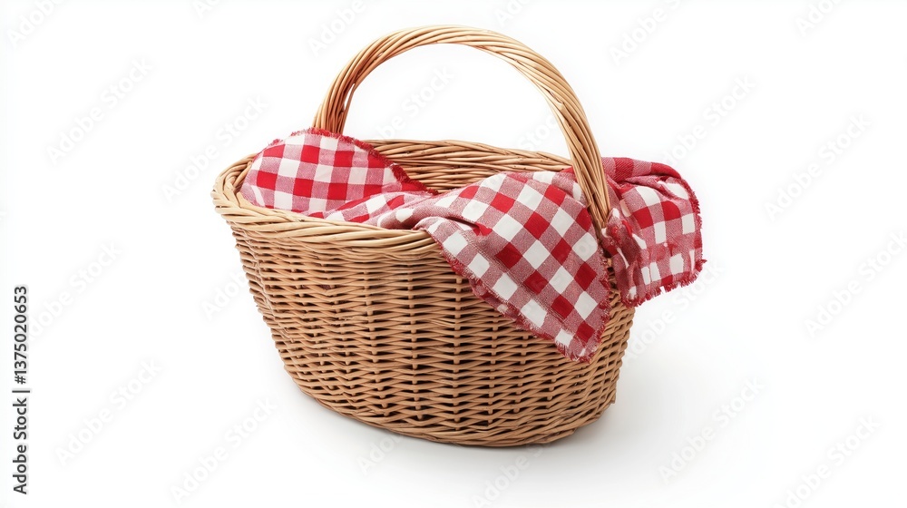 A wicker picnic basket with a red and white checkered cloth napkin draped inside, isolated on crisp white A wicker picnic basket with a red and white checkered cloth napkin draped inside, isolated on crisp white