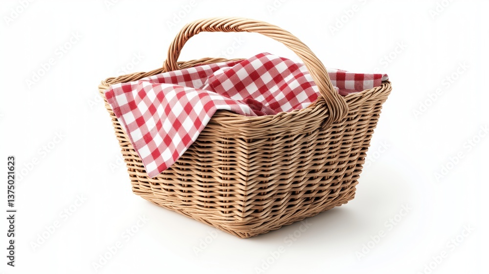 A wicker picnic basket with a red and white checkered cloth napkin draped inside, isolated on crisp white A wicker picnic basket with a red and white checkered cloth napkin draped inside, isolated on crisp white