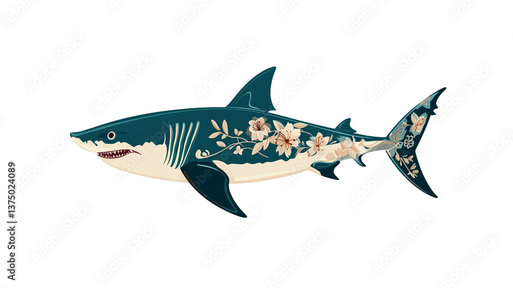 Obraz premium Ornate Great White Shark Floral Aquatic Design
