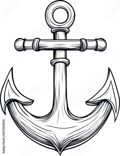 Detailed drawing of a classic anchor with an elegant design featuring two curved flukes and a central crossbar isolated on transparent background. Vector illustration.