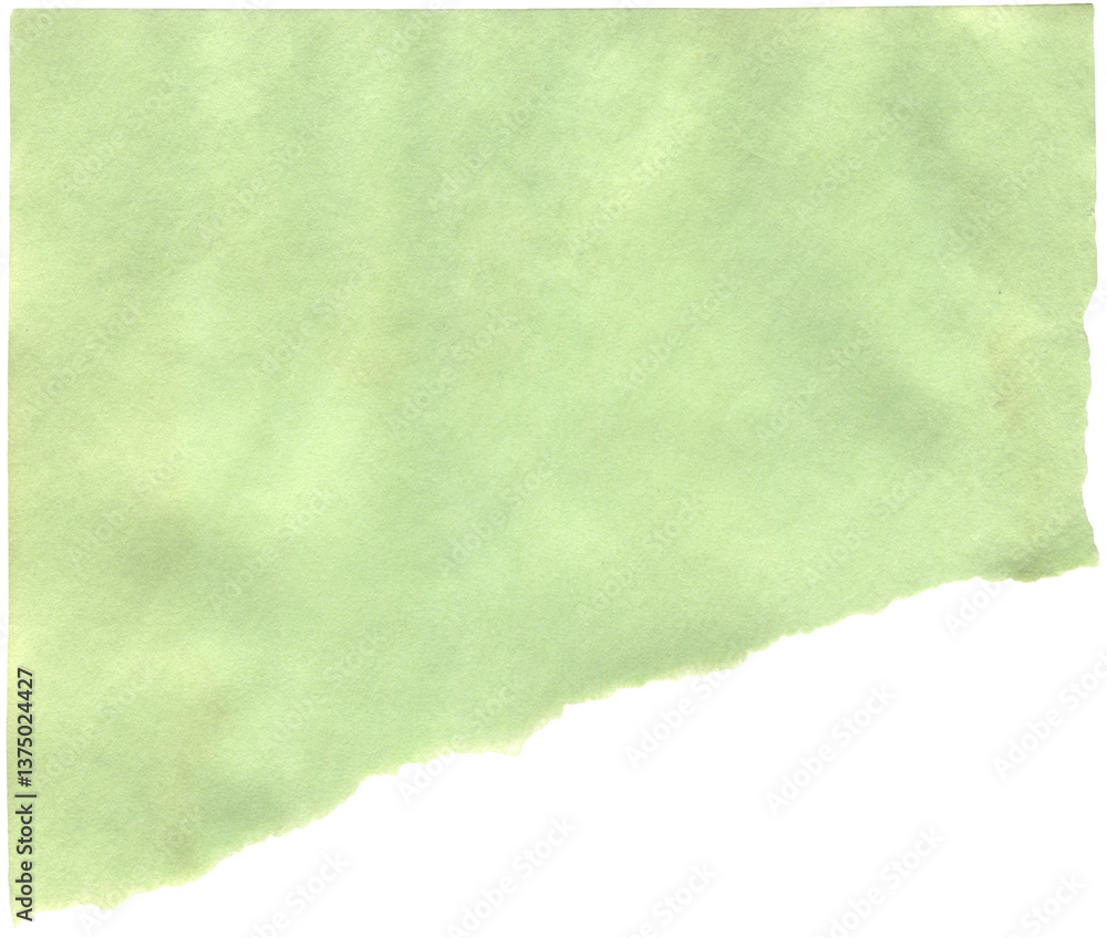 Obraz premium Green paper piece with wrinkles and torn edge. Realistic paper sheet with crumpled effect. Light green blank sheet with crease and rough border. Background for scrapbooking, making creative crafts