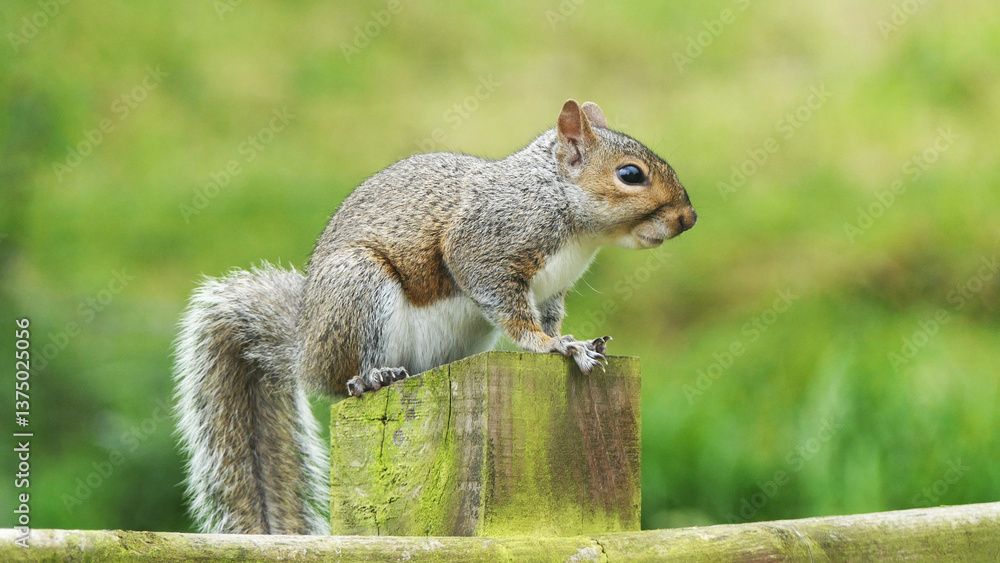 A Grey squirrel sitting on a fence in UK A Grey squirrel sitting on a fence in UK