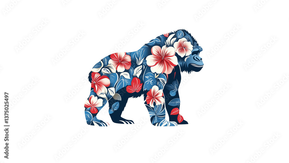 Floral Gorilla Silhouette Majestic Primate in Vibrant Botanical Design Floral Gorilla Silhouette Majestic Primate in Vibrant Botanical Design