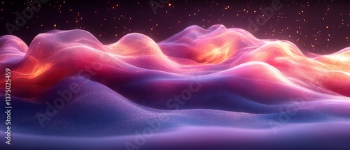 Abstract fluid holographic iridescent purple curved wave in dark background 3d render. Gradient design element for backgrounds, wallpapers, posters and covers