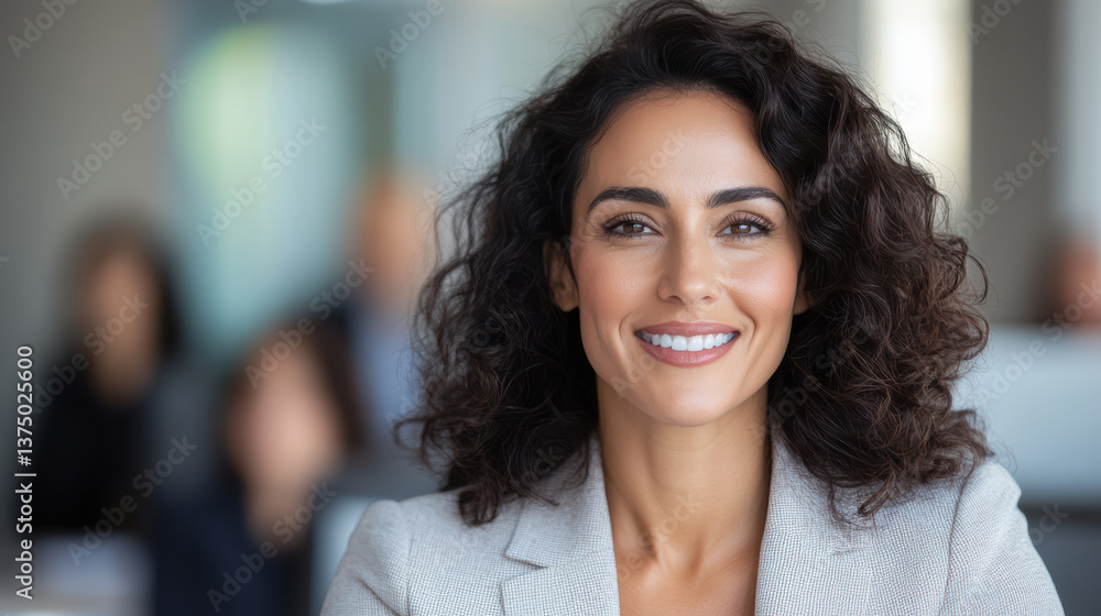 Fototapeta premium Confident businesswoman smiling in professional setting, showcasing leadership and positivity