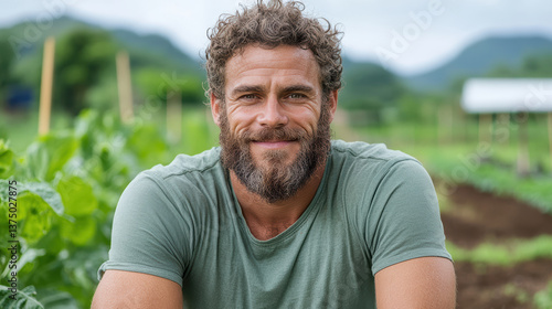 smiling man with beard sits in lush green farm, surrounded by crops and mountains