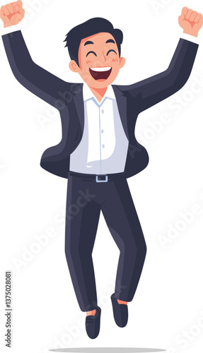 Happy businessman celebrating success with joyful expressions and energetic movements cartoon isolated on transparent background. Vector illustration.