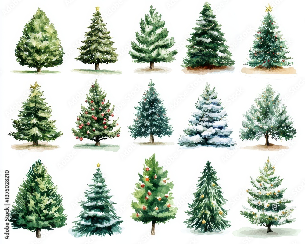 Fototapeta premium A vibrant collection of watercolor Christmas trees, showcasing various shades of green, adorned with colorful ornaments and twinkling lights, set against a soft, snowy background.