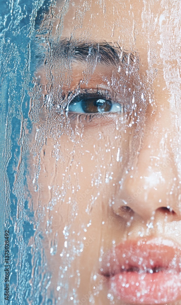 Fototapeta premium Climate Resilience Aesthetic Gen Z Emotional Storytelling through Hyper-Realistic Water Texture Portrait - Atmospheric Wellness and Survival Visual Narrative