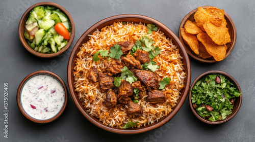 Wallpaper Mural delicious biryani feast featuring tender meat, fragrant rice, and vibrant sides Torontodigital.ca