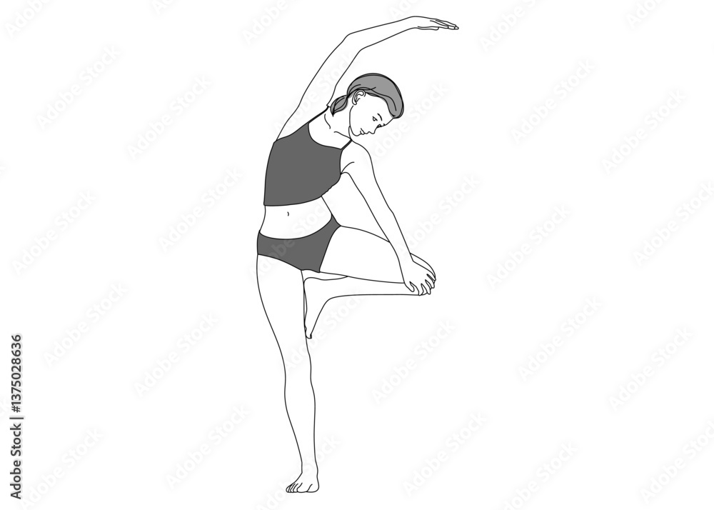 バレエ ストレッチをする日本人女性のイラスト 全身正面横顔