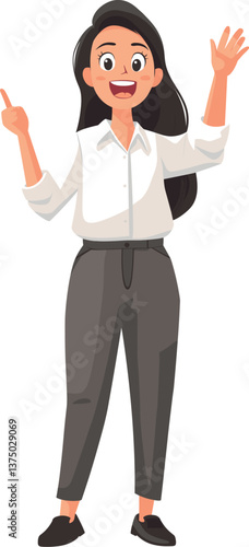 Cheerful young woman expressing excitement in casual outfit with long hair cartoon isolated on transparent background. Vector illustration.