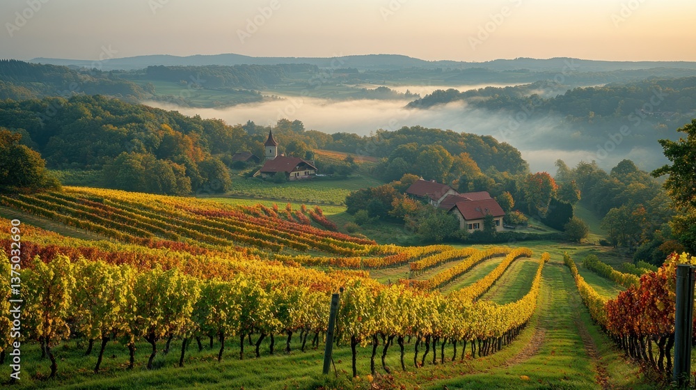 Naklejka premium Autumnal vineyard landscape with mist-shrouded valley