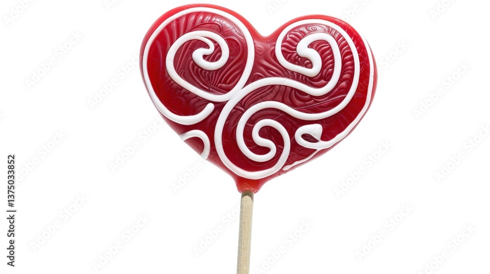 A heart-shaped red lollipop with white swirls that is mounted on a wooden stick and isolated against a white background. The lollipop showcases a visually appealing design and could be used for variou A heart-shaped red lollipop with white swirls that is mounted on a wooden stick and isolated against a white background. The lollipop showcases a visually appealing design and could be used for variou