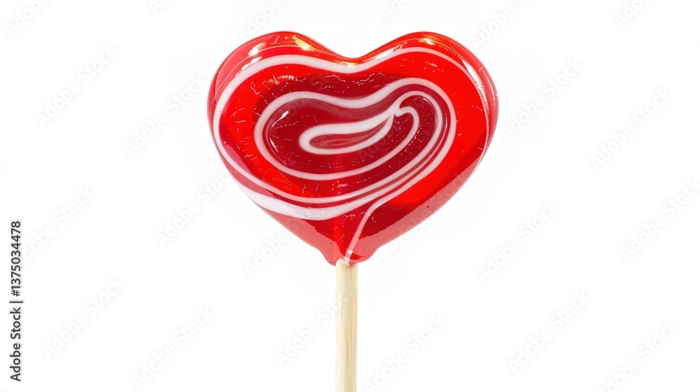 A heart-shaped red lollipop with white swirls that is mounted on a wooden stick and isolated against a white background. The lollipop showcases a visually appealing design and could be used for variou A heart-shaped red lollipop with white swirls that is mounted on a wooden stick and isolated against a white background. The lollipop showcases a visually appealing design and could be used for variou