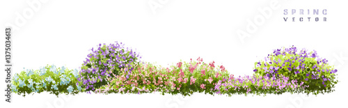  Vector watercolor blooming flower tree or forest side view isolated on white background for landscape and architecture drawing,elements for environment or and garden,green tree for garden section 