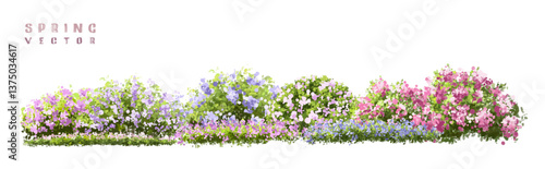  Vector watercolor blooming flower tree or forest side view isolated on white background for landscape and architecture drawing,elements for environment or and garden,green tree for garden section 
