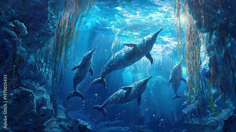 Fototapeta premium Dolphins Swimming Gracefully in a Lush Underwater Landscape