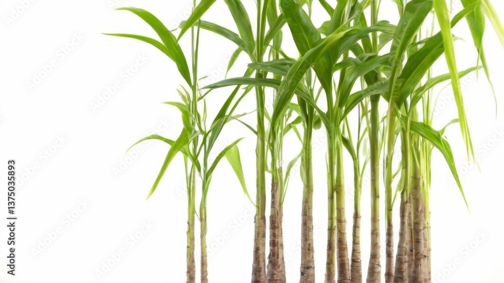 Obraz premium Tall slender plants in row, green leaves arranged from short to tall against white backdrop, side view angle.