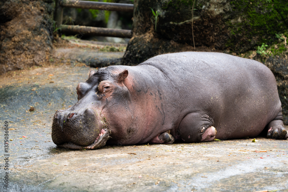 Hippopotamuses Walking in Muddy Zoo Field