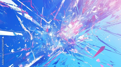Abstract Shattered Crystal Dreamscape: A vibrant explosion of blue, pink, and white fragmented forms creating a surreal and dynamic composition.