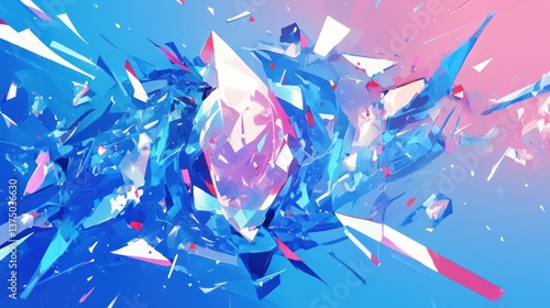 Abstract Shattered Crystal Explosion Background : A vibrant digital artwork depicting a dynamic explosion of shattered crystal fragments in shades of blue, pink, and white