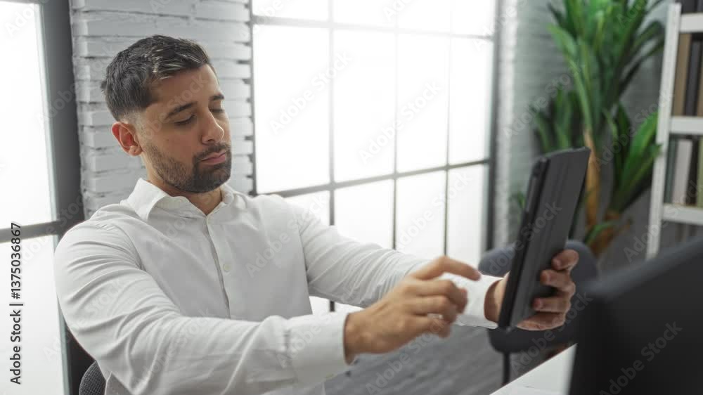 Handsome man taking selfie with tablet in modern office with white shirt and brick wall backdrop, capturing charismatic portrait in professional indoor environment. Handsome man taking selfie with tablet in modern office with white shirt and brick wall backdrop, capturing charismatic portrait in professional indoor environment.