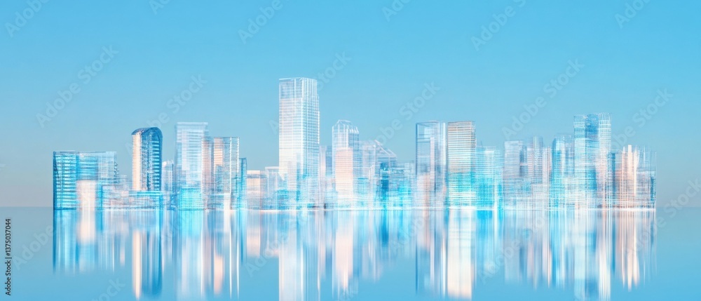 Fototapeta premium Futuristic Smart City Skyline Minimalist Digital Twin Visualization with Ethereal Blue Tech - Urban Innovation and Sustainable Development Insights