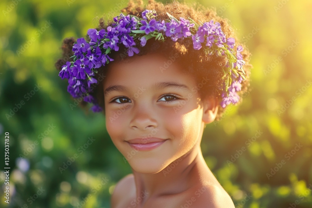 Smiling mixed-race child boy with tt hair wearing purple flower circlet on his head. Happy sunny days holidays conceptual art. Soft daylight. Sunny holidays for kids. Boy with flower wreath. Smiling mixed-race child boy with tt hair wearing purple flower circlet on his head. Happy sunny days holidays conceptual art. Soft daylight. Sunny holidays for kids. Boy with flower wreath.