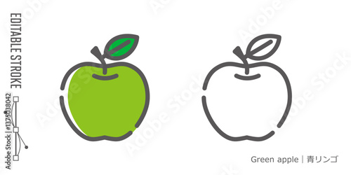 フルーツのラインアイコンと色付きアイコンのセット｜青りんご
