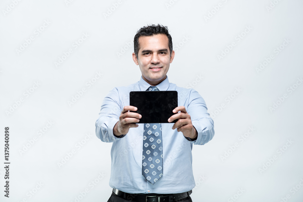 Cheerful casual business man presenting show something on his tablet, isolate on white studio background. Cheerful casual business man presenting show something on his tablet, isolate on white studio background.
