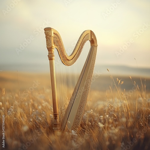 Golden Harp in a Wheat Field at Sunrise