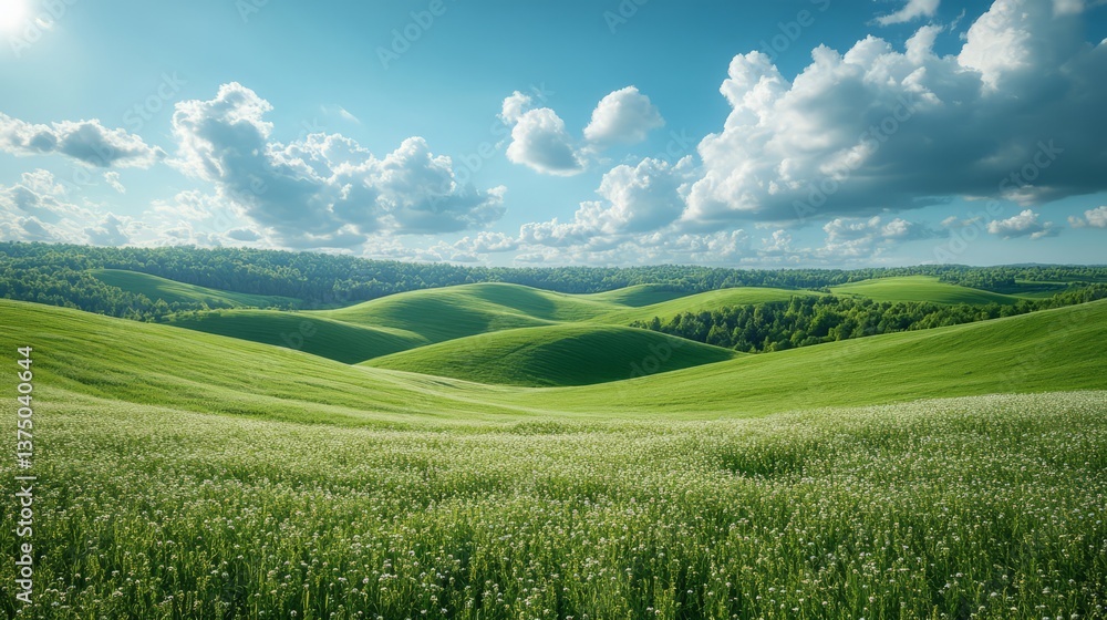 Beautiful Panorama of Rolling Green Fields. Spring or Summertime Background with White Fluffy Clouds and Natural Landscape Beautiful Panorama of Rolling Green Fields. Spring or Summertime Background with White Fluffy Clouds and Natural Landscape