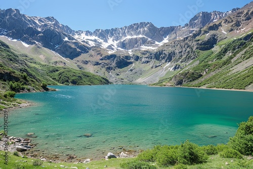 Breathtaking lago di saoseo in the livigno alps, switzerland, under a bright blue sky