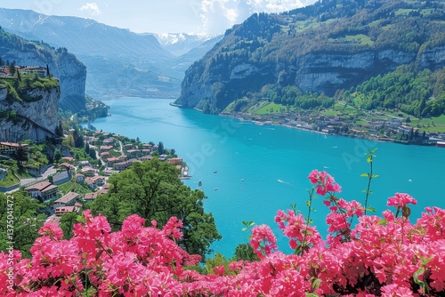 Breathtaking view of lago di saoseo lake surrounded by livigno alps on a clear sunny day